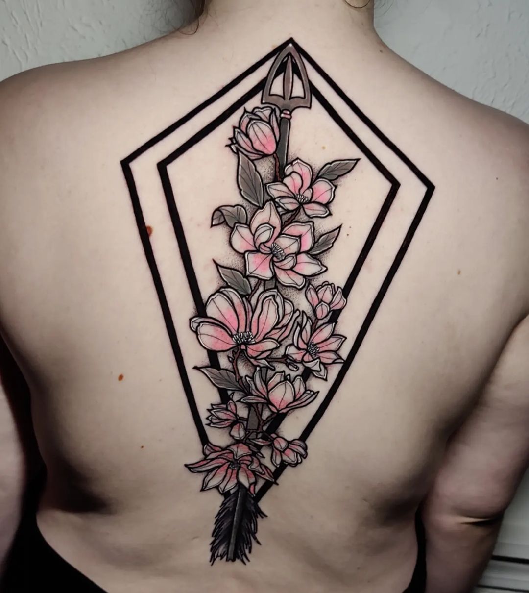 Cherry blossom and geometric frame back tattoo